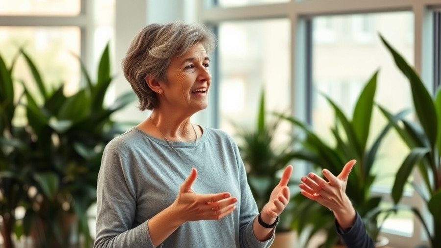 Middle-aged woman discussing symptoms of perimenopause indoors.