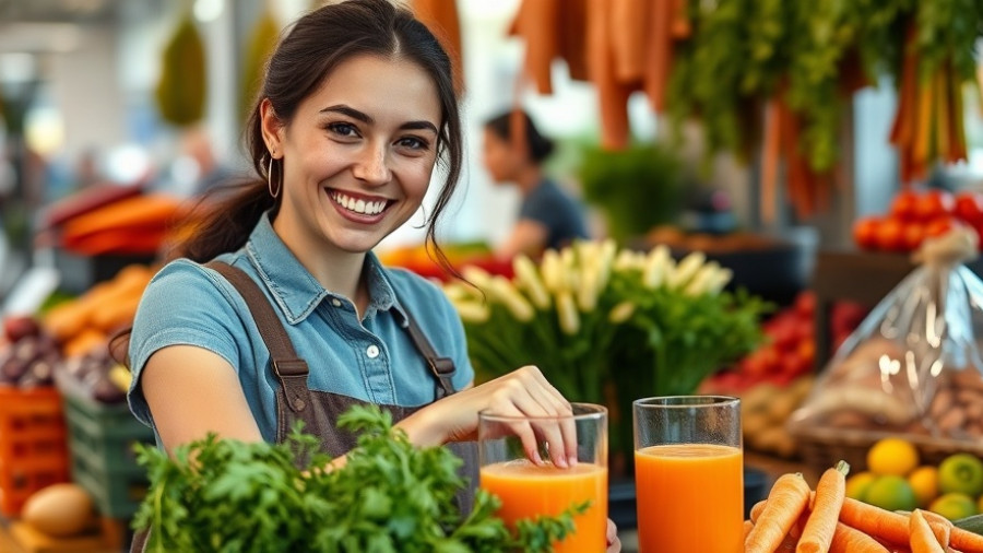 Young woman making fresh carrot juice at market stall, vibrant scene.
