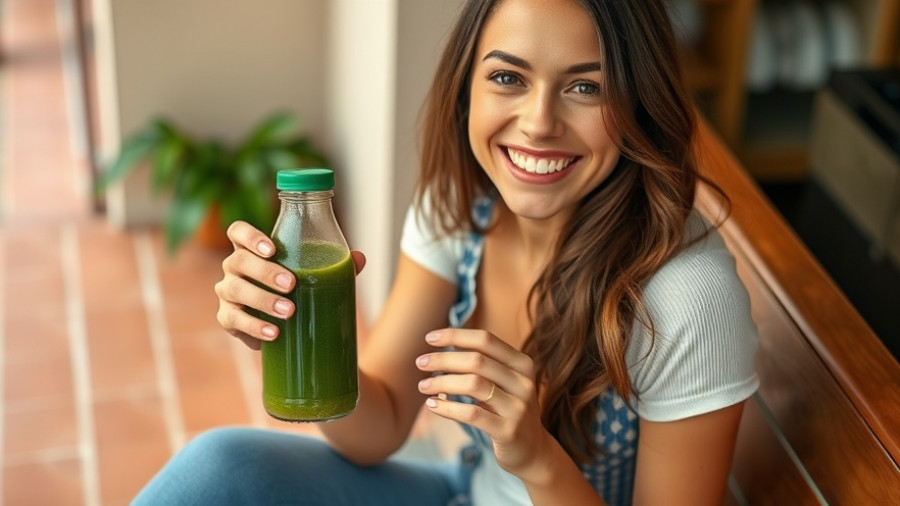 Smiling woman on fall juice date holding a green juice bottle indoors.