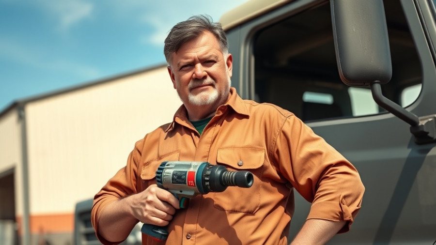 Confident man with impact wrench for DIY projects near a truck.