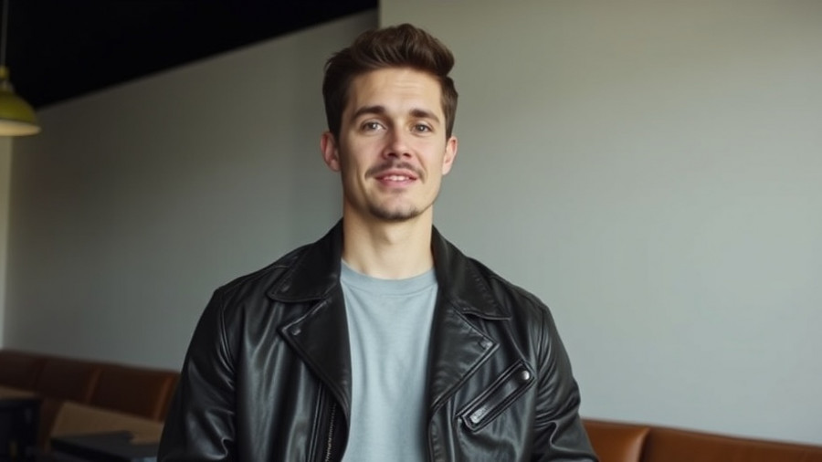 Confident man in a leather jacket, cool expression, repeating words