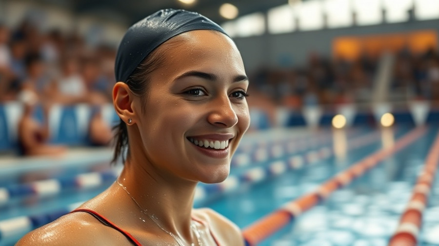 Focused swimmer smiling post-race in an indoor pool setting
