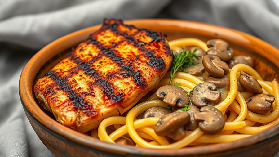 Creamy chicken mushroom pasta in a rustic bowl with grilled chicken.