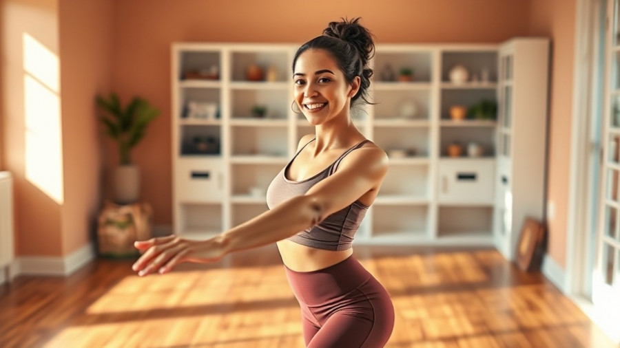 Woman practicing barre workout at home for online barre classes.