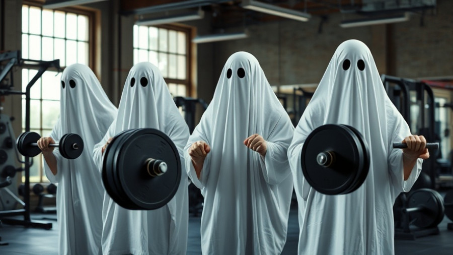 Humorous ghosts lifting weights in a gym, 'Who said ghosts can't swim?' theme.