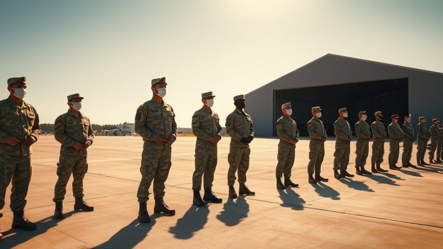 Soldiers in formation on airstrip related to Trump nuclear weapons testing announcement.
