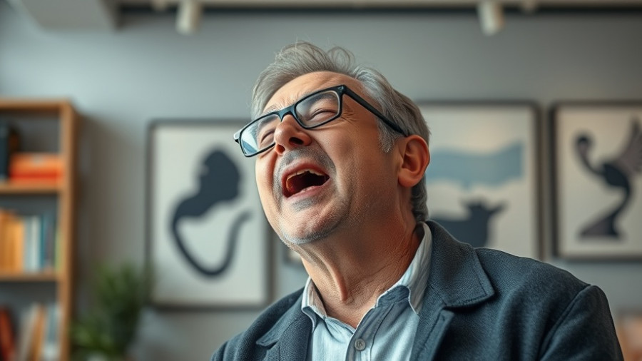 Man wearing glasses yawning, indoor setting, soft lighting.