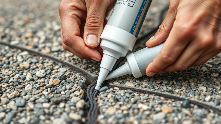 Hands repairing driveway crack with sealant; driveway crack repair.