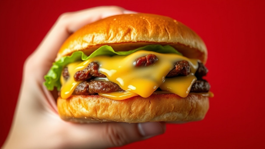 9 Qatari Riyal burger with cheese in hand, red background.