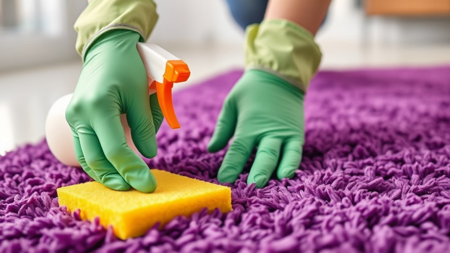 Person cleaning purple polyester rug with sponge and spray.