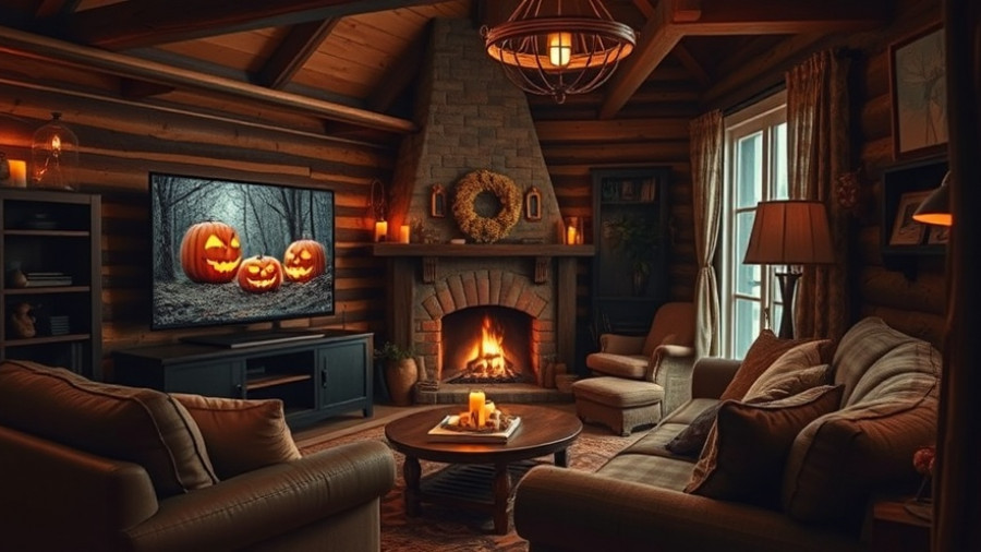 Cozy living room with Halloween movie, fireplace, and soft lighting.