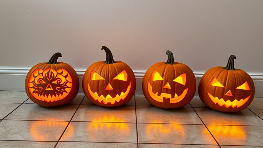 Carved pumpkins glowing on tile floor, showcasing Halloween family traditions.