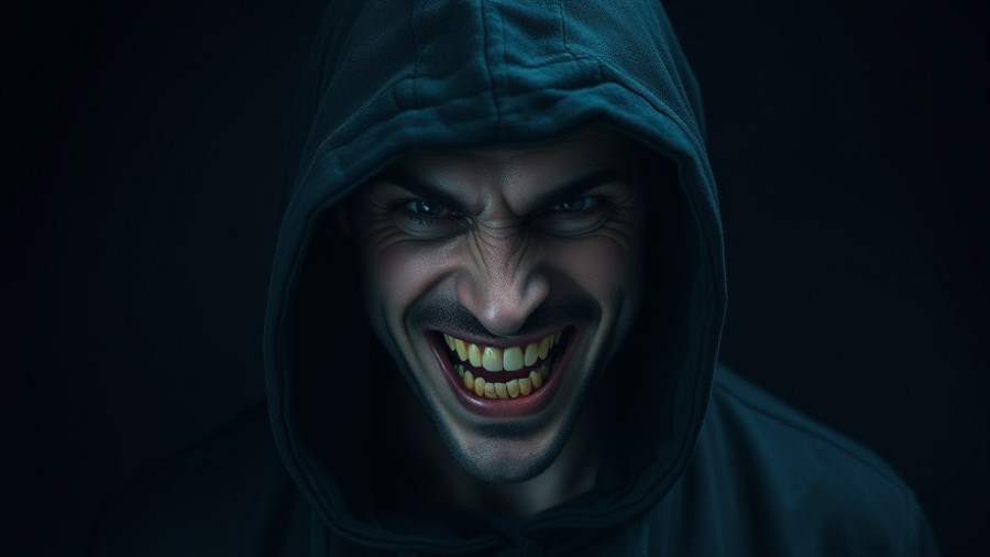 Stylized hooded man with horns and glowing eyes.