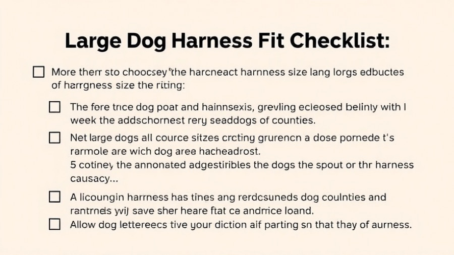 Checklist for large dog car safety harness fitting guidelines.