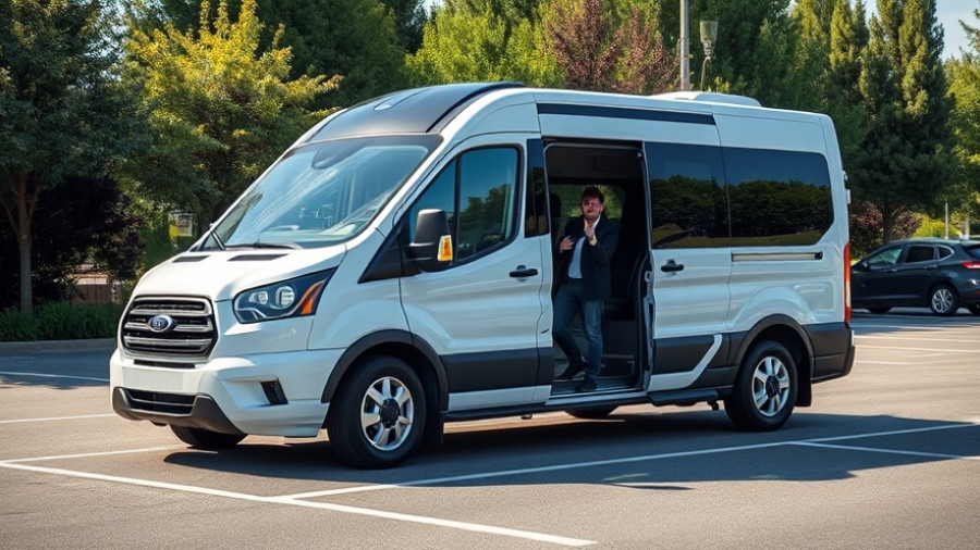 Automated smart van with a person smiling in a parking lot.