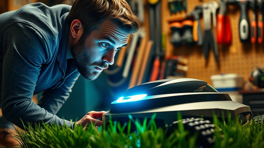 Blix Robotic Lawn Mower Review: Man examines mower with light beam.