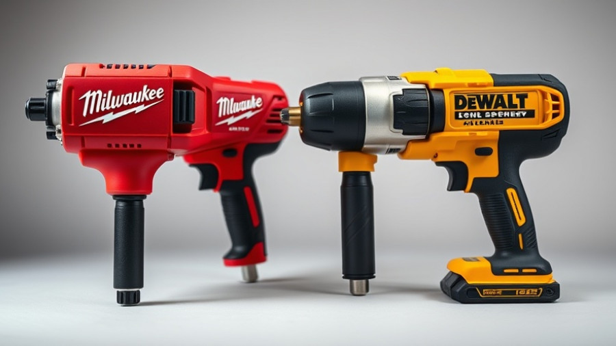Milwaukee vs DeWalt impact drivers comparison in a gradient background.