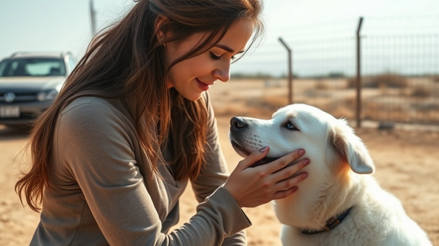 Young woman petting a dog in a sunny outdoor setting.