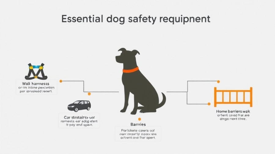 Dog safety equipment infographic detailing essential gear