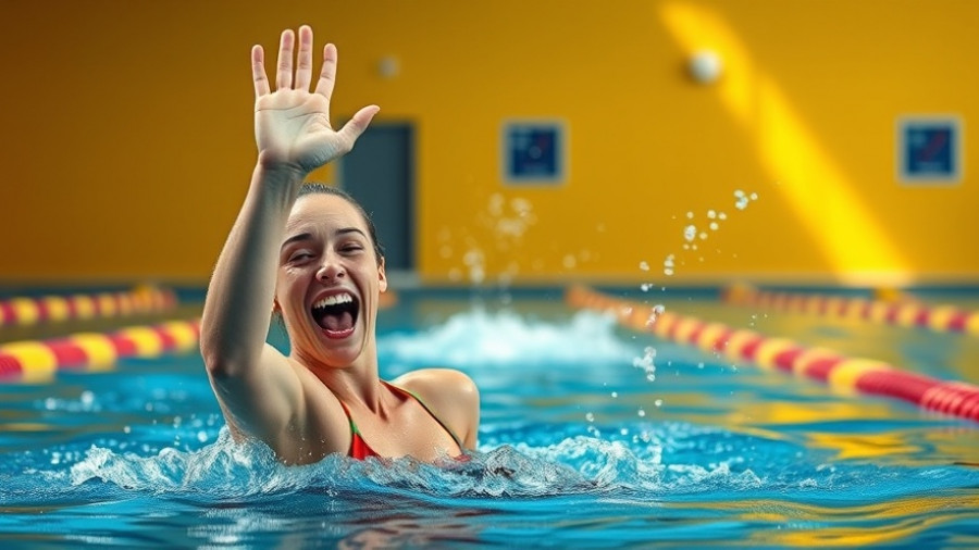 Lani Pallister ecstatic after shattering swimming records, vibrant pool setting.