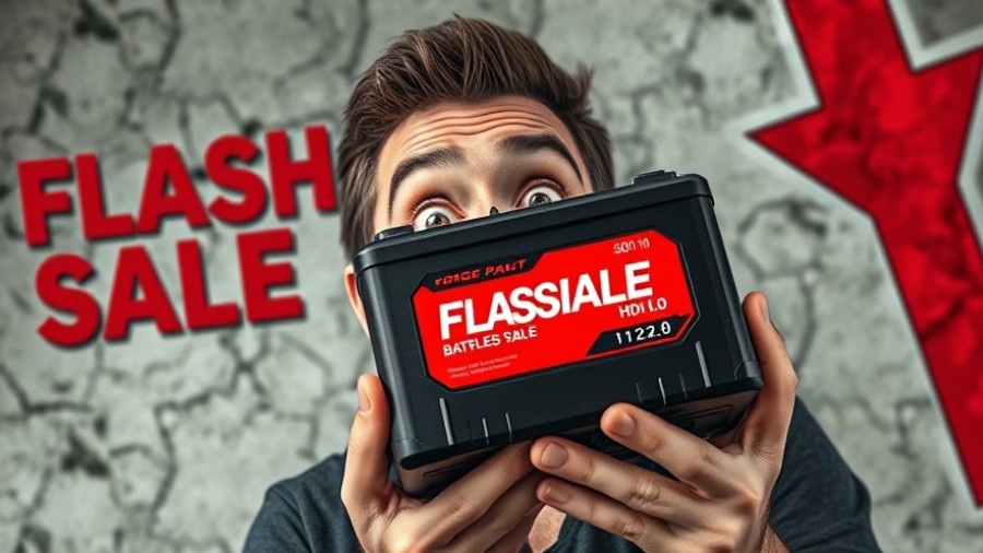 Excited man advertising flash sale on DIY toolkit battery with price drop.