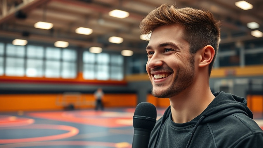 Young man discusses Back on Track Wrestling Season in gym.