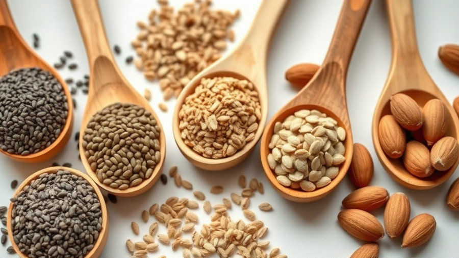 Spoons with chia, flax, sunflower seeds, almonds for seed cycling.