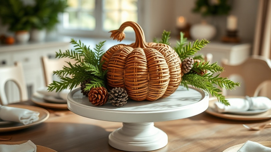 Thanksgiving tablescape ideas: Woven pumpkin centerpiece.