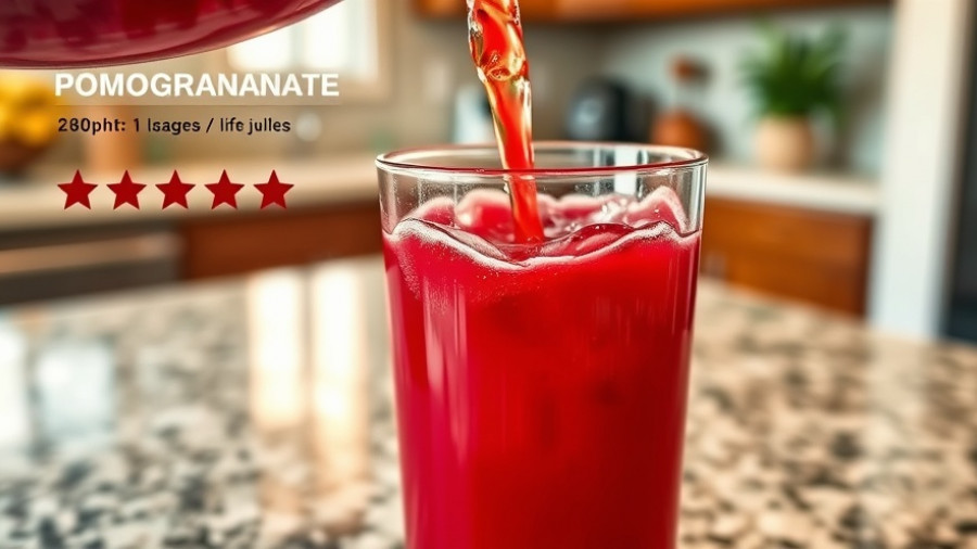 Pomegranate juice with lemon benefits highlighted on granite countertop.