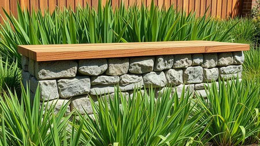Modern gabion wall with wooden top in a garden setting.