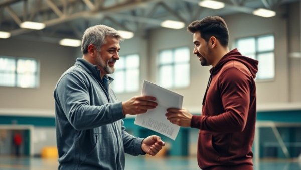 National Junior Team Camp: Two men interacting during a sports camp.