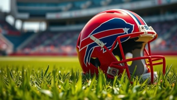 Buffalo Bills helmet on grass, vibrant colors, close-up shot.