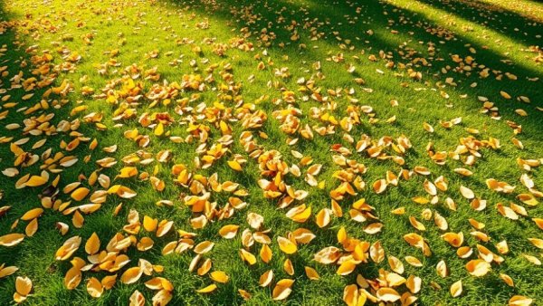 Alternative ways to collect leaves: lawn with scattered yellow leaves.