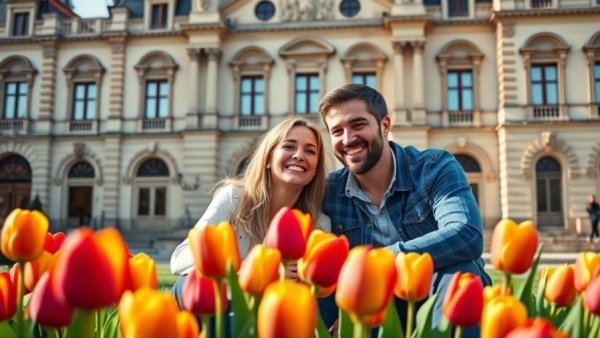 Cheerful couple in front of European building with tulips, easiest countries in Europe for Americans to move.
