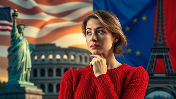 Conceptual image of Americans transitioning from U.S. to Europe.