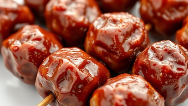 Juicy Thanksgiving meatballs served on a skewer with a shiny glaze.