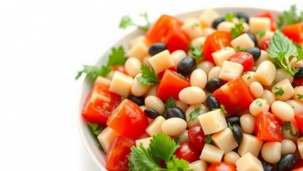 Greek bean salad in glass bowl, vibrant and fresh ingredients.