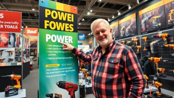 UK tool show display indoors with man and banners surrounded by tools.