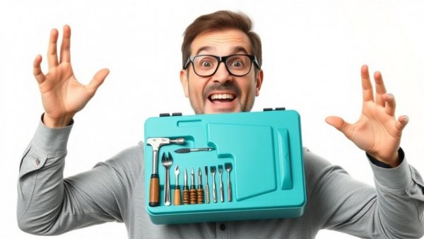 Best affordable DIY toolkits for Asheville NC homeowners: excited man showcasing a teal toolkit.