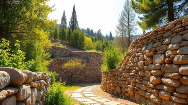 Sunlit dry stone walls in a natural setting, surrounded by trees and greenery, Building Dry Stone Walls.
