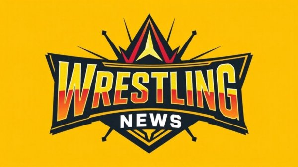 Wrestling news logo design with bold typography and yellow background.