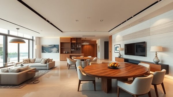 Modern living dining room combo with sleek furniture and neutral tones.