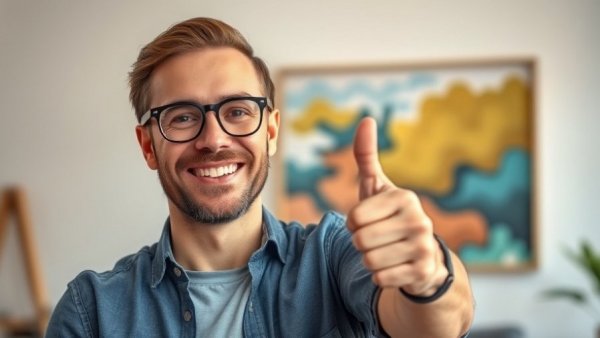 Casual indoor scene of a man in glasses thumbs-up, artistic background.