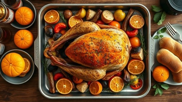 Sheet pan Thanksgiving dinner for 4 with turkey, veggies, and rolls.