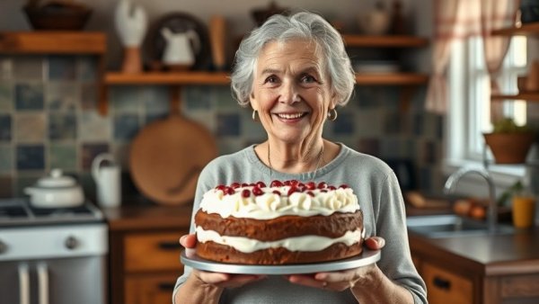 Elderly woman displaying homemade cake in cozy kitchen, Family Thanksgiving Recipes.