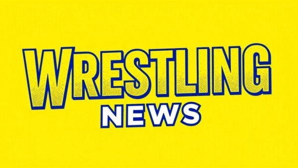 Bold vintage Wrestling News logo with blue text on yellow background.