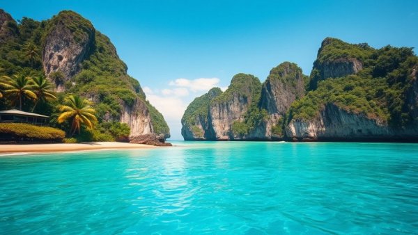 Idyllic Philippines beach destination with turquoise waters and cliffs.