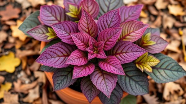 Growing sweet potatoes in a pot amidst autumn leaves.