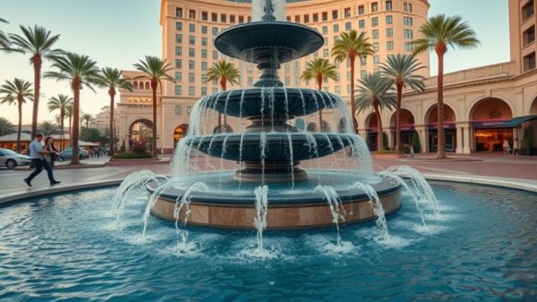 Elegant fountain at The Pearl-Qatar, lively plaza exploration.