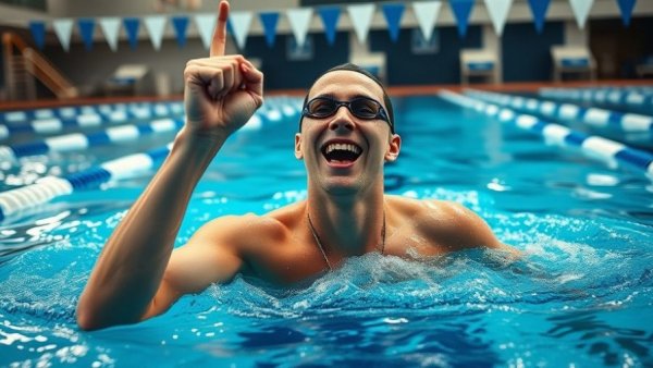 Swimmer celebrating pool records with hand raised in victory.